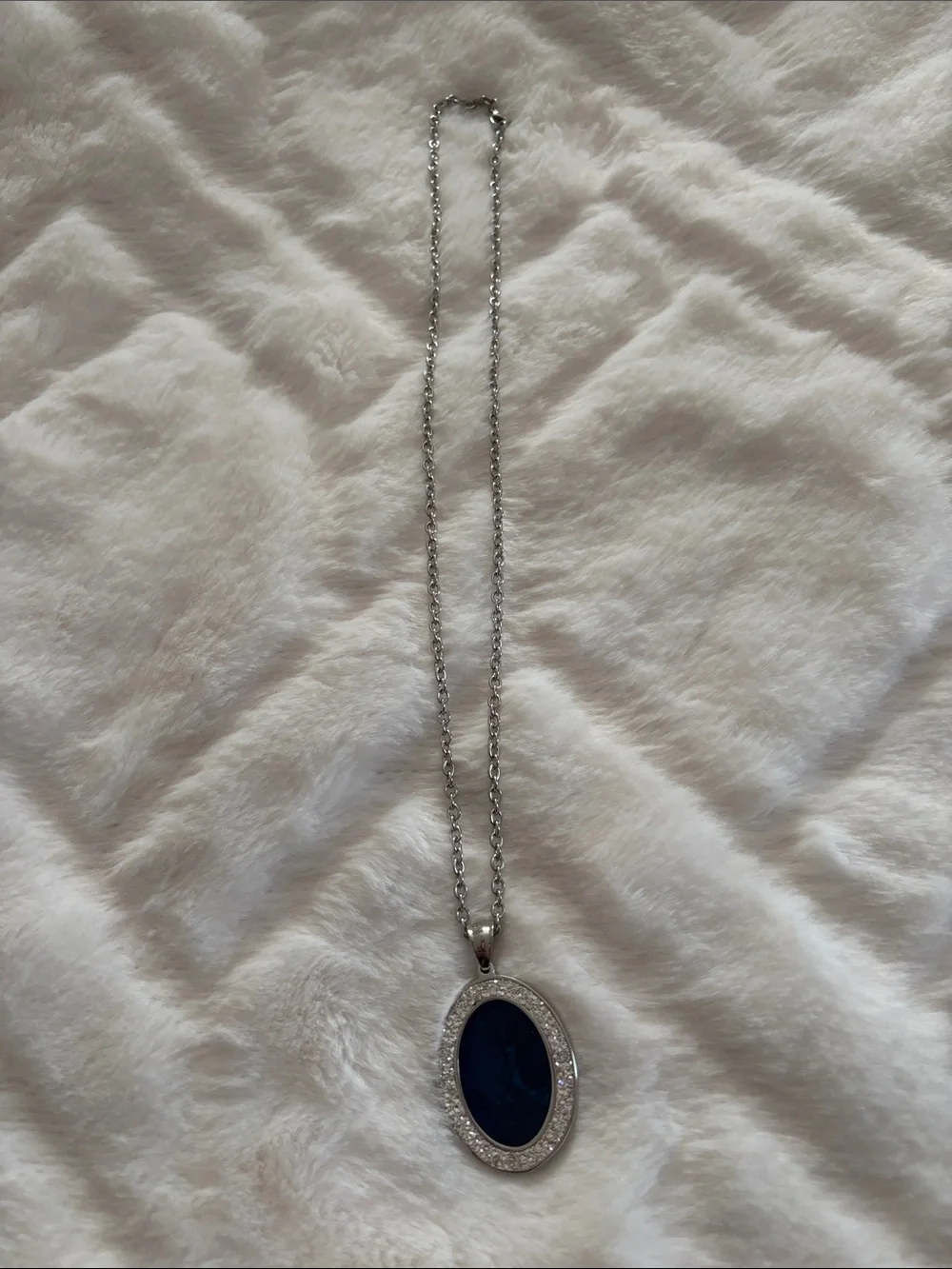 Silver Necklace with Dark Blue Oval Pendant